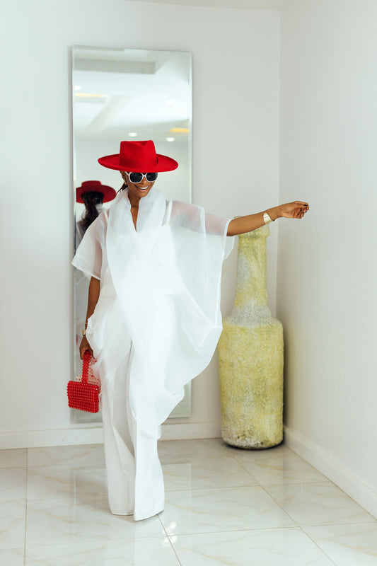 Crisp white Layla Set (sheer organza top with Mikado wide-leg pants) from Nahota Kanma, featuring draped silhouette and relaxed fit.