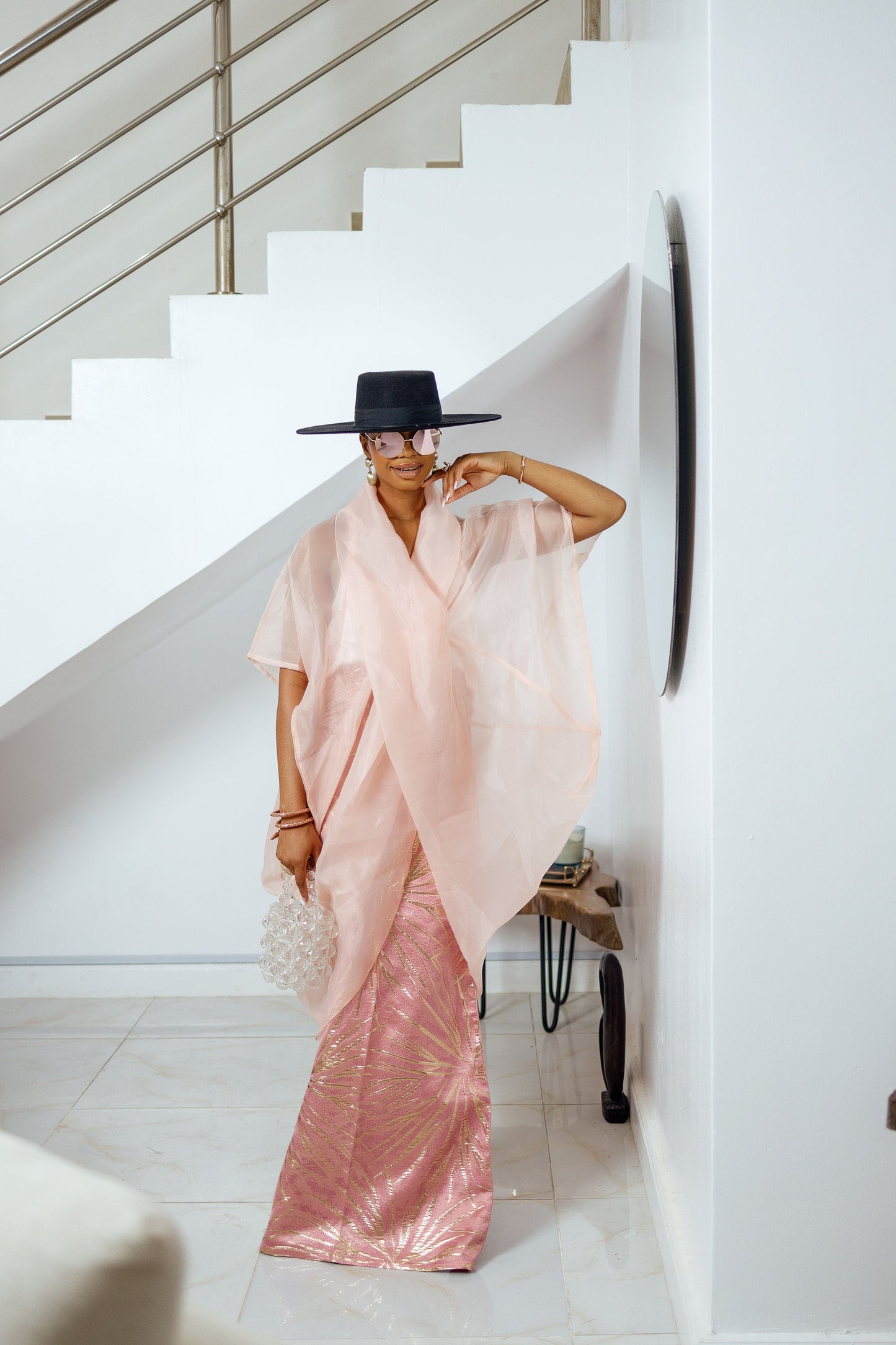 Peach Samira Set (organza top with brocade skirt) from Nahota Kanma, featuring a draped top and elegant silhouette.