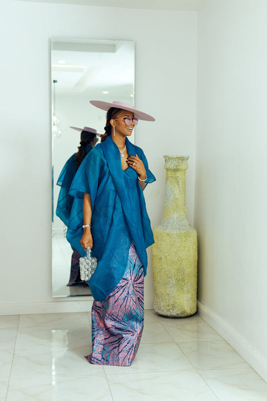 Teal blue Samira Set (organza top with brocade skirt) from Nahota Kanma, featuring a draped top and elegant silhouette.
