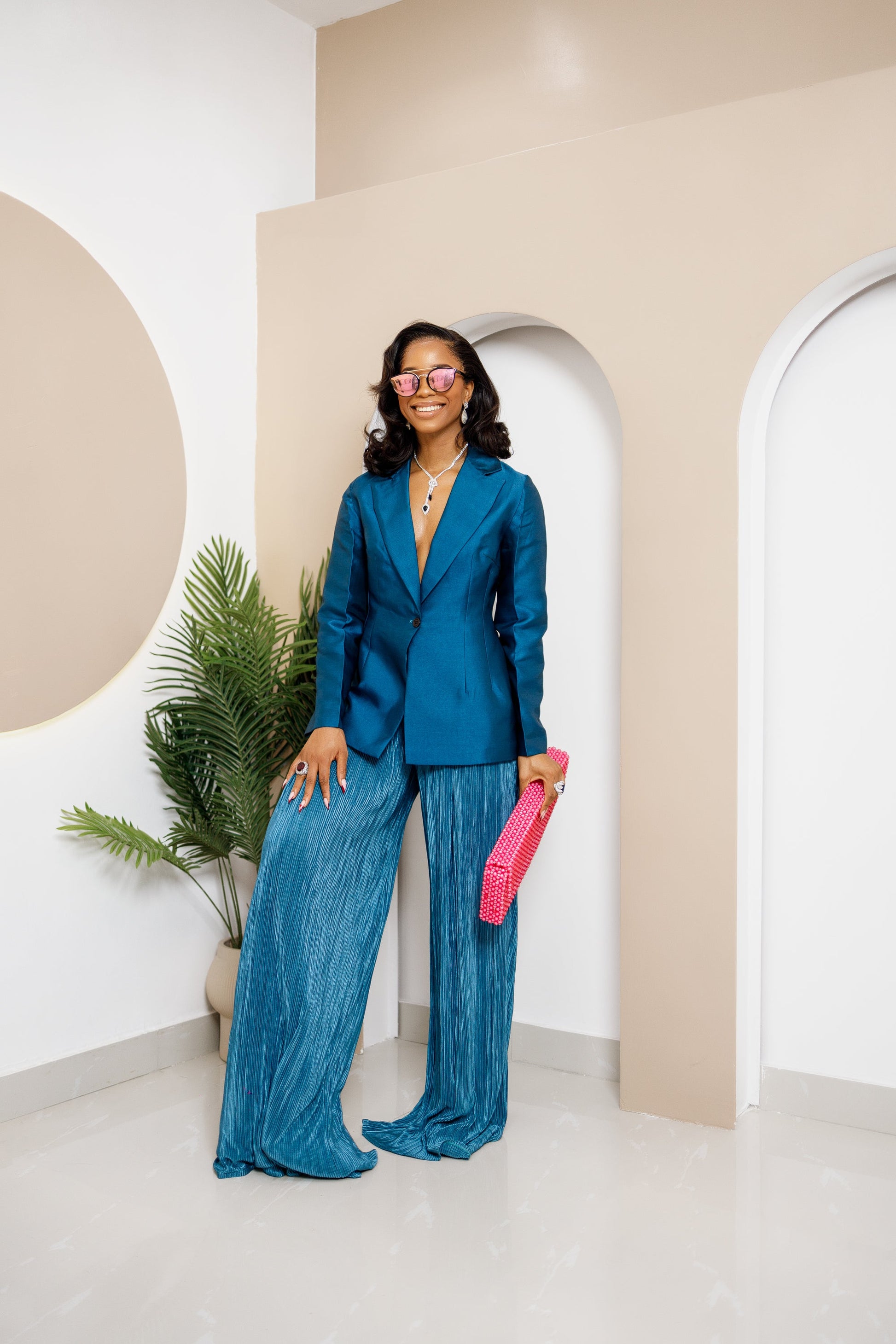 Nadia Set - Teal Blue Mikado and Plisse Blazer and Pants