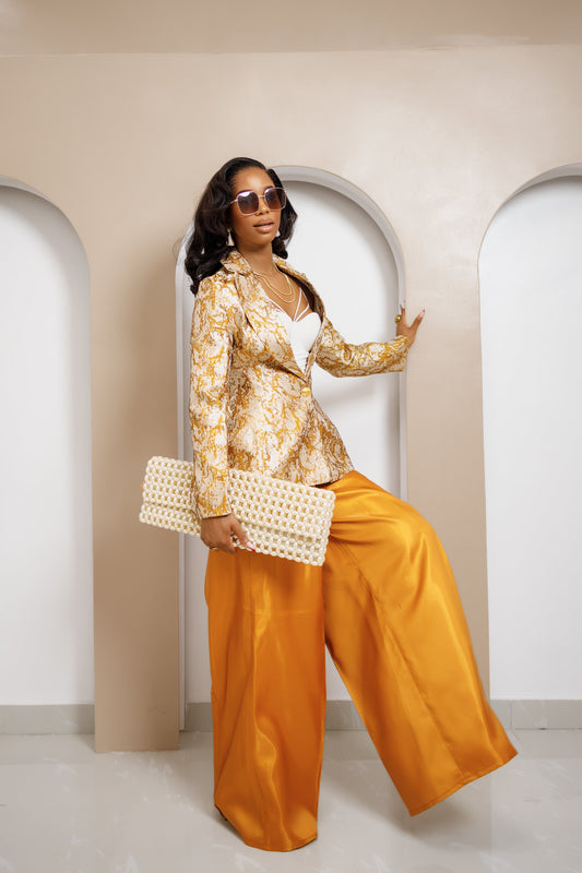 Gold patterned Fadilla Set blazer with wide-leg orange pants from Nahota Kanma.