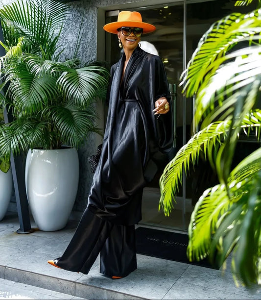 Rabia Set - Black Duchess Satin Top with Tailored Pants