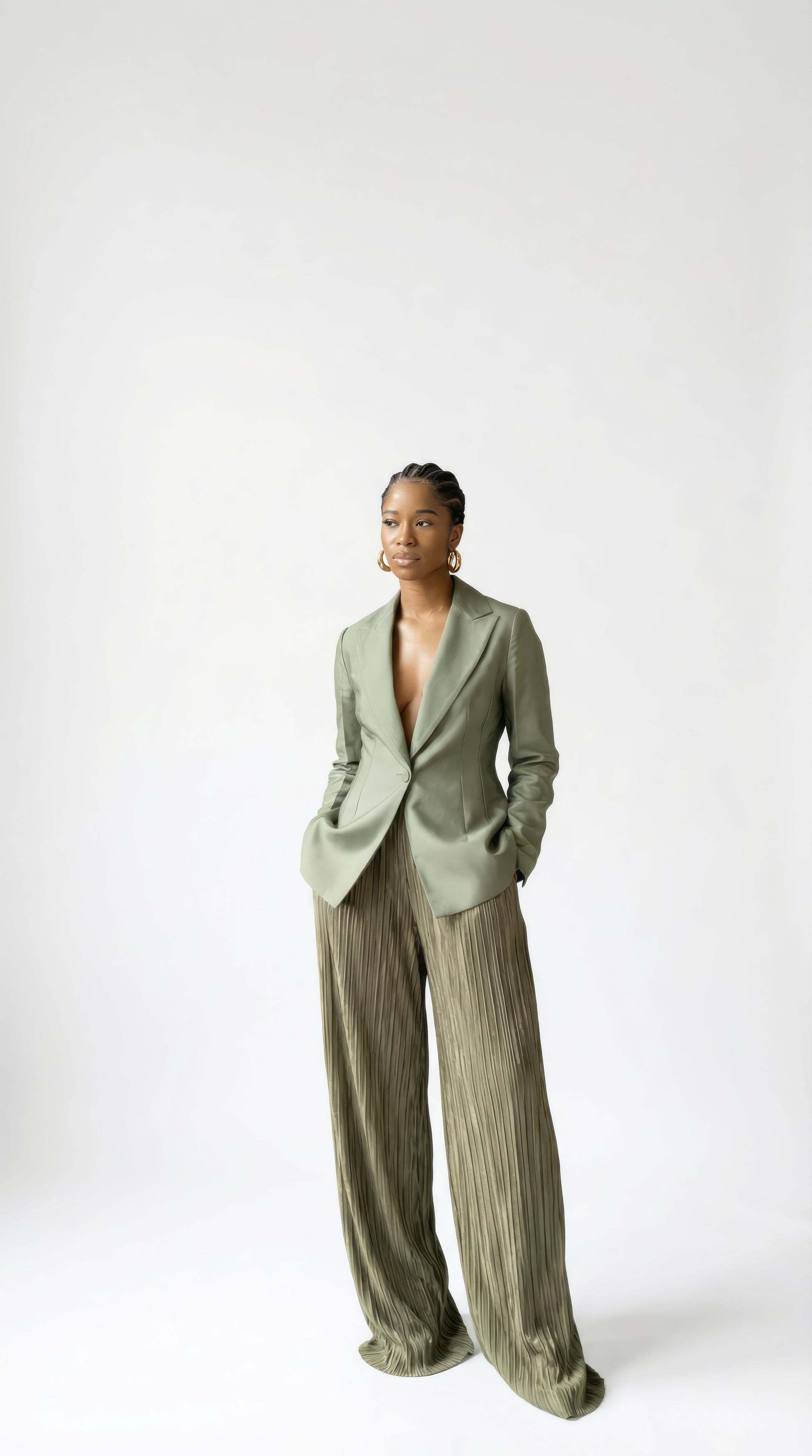 Nadia Set - Laurel Green Mikado Blazer and Deep Sage Green Plisse Pants
