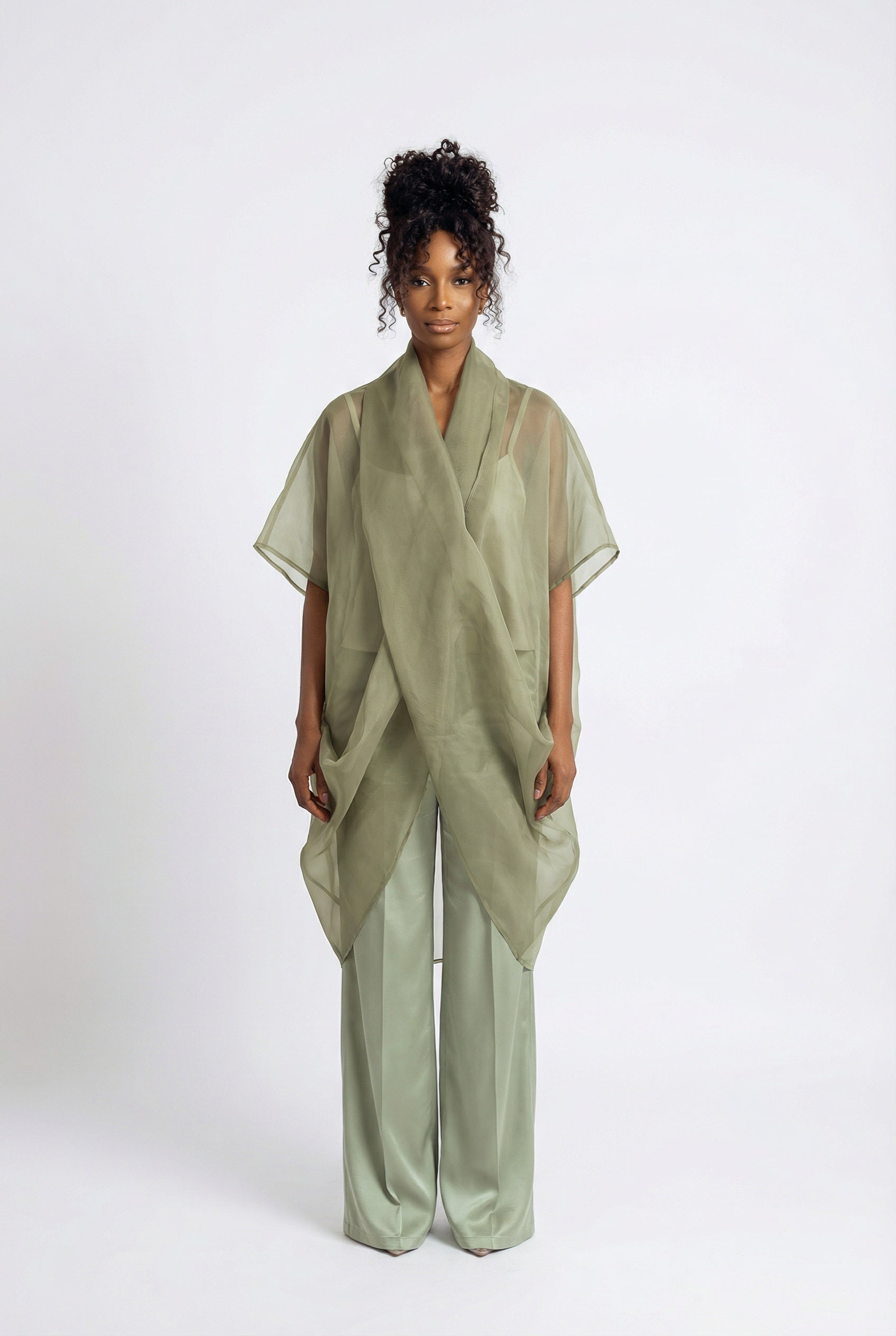 Sage Green Layla Set (sheer organza top with Mikado wide-leg pants) from Nahota Kanma, featuring draped silhouette and relaxed fit.