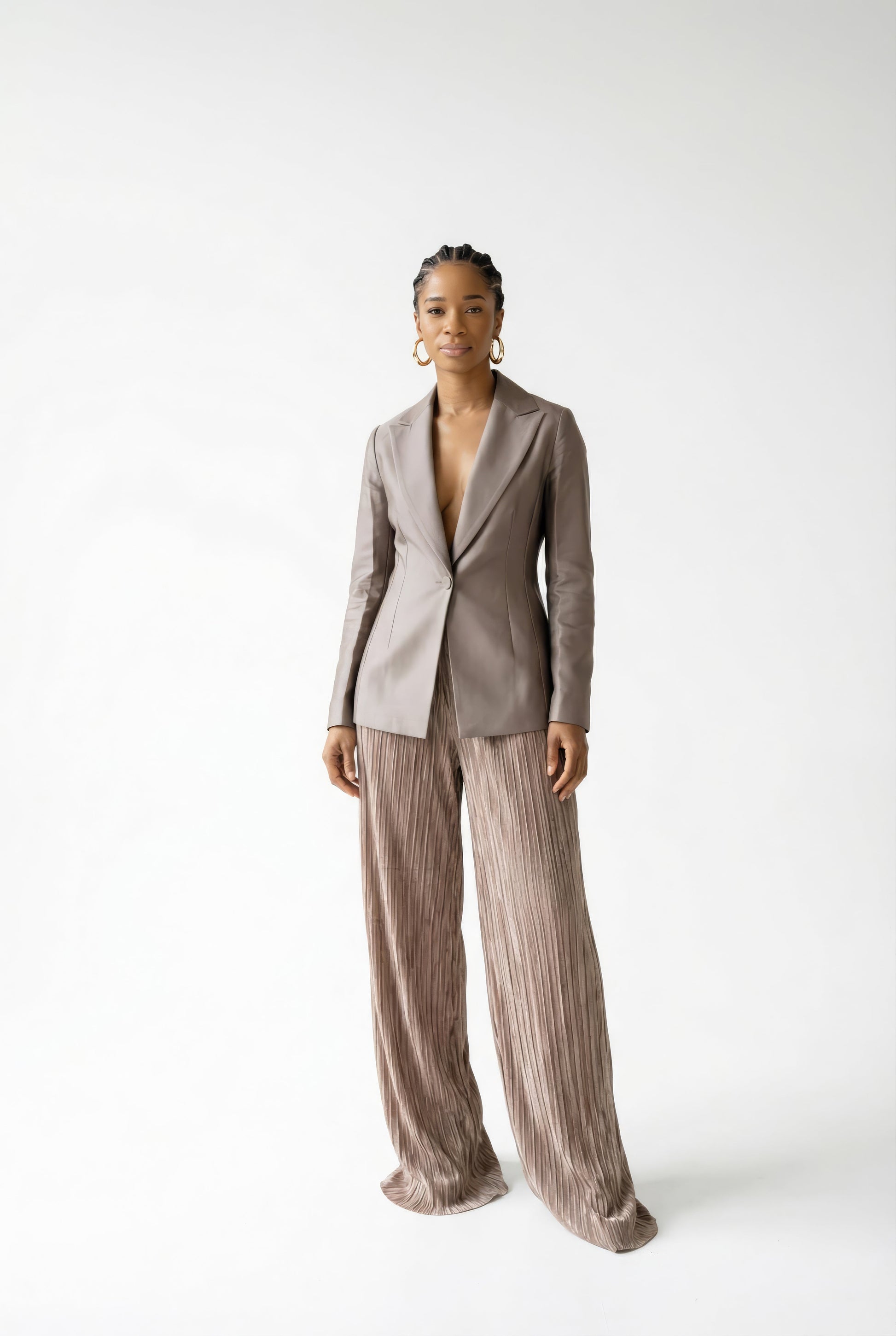 Nadia Set - Grey Haze Mikado Blazer and Taupe Plisse Pants