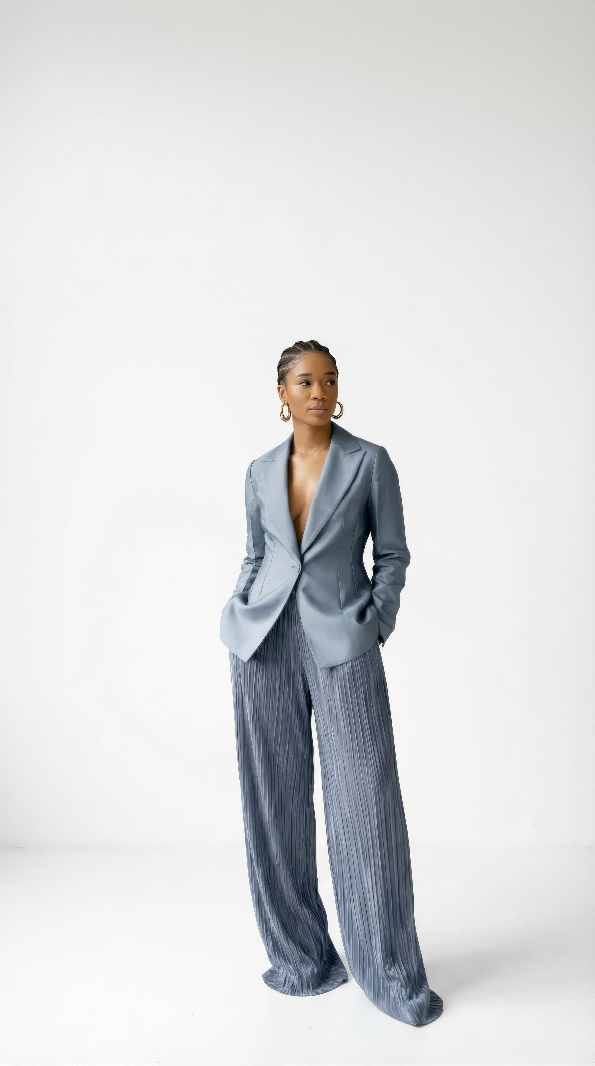 Nadia Set - Sky Wash Blue Mikado Blazer and Muted Blue Plisse Pants