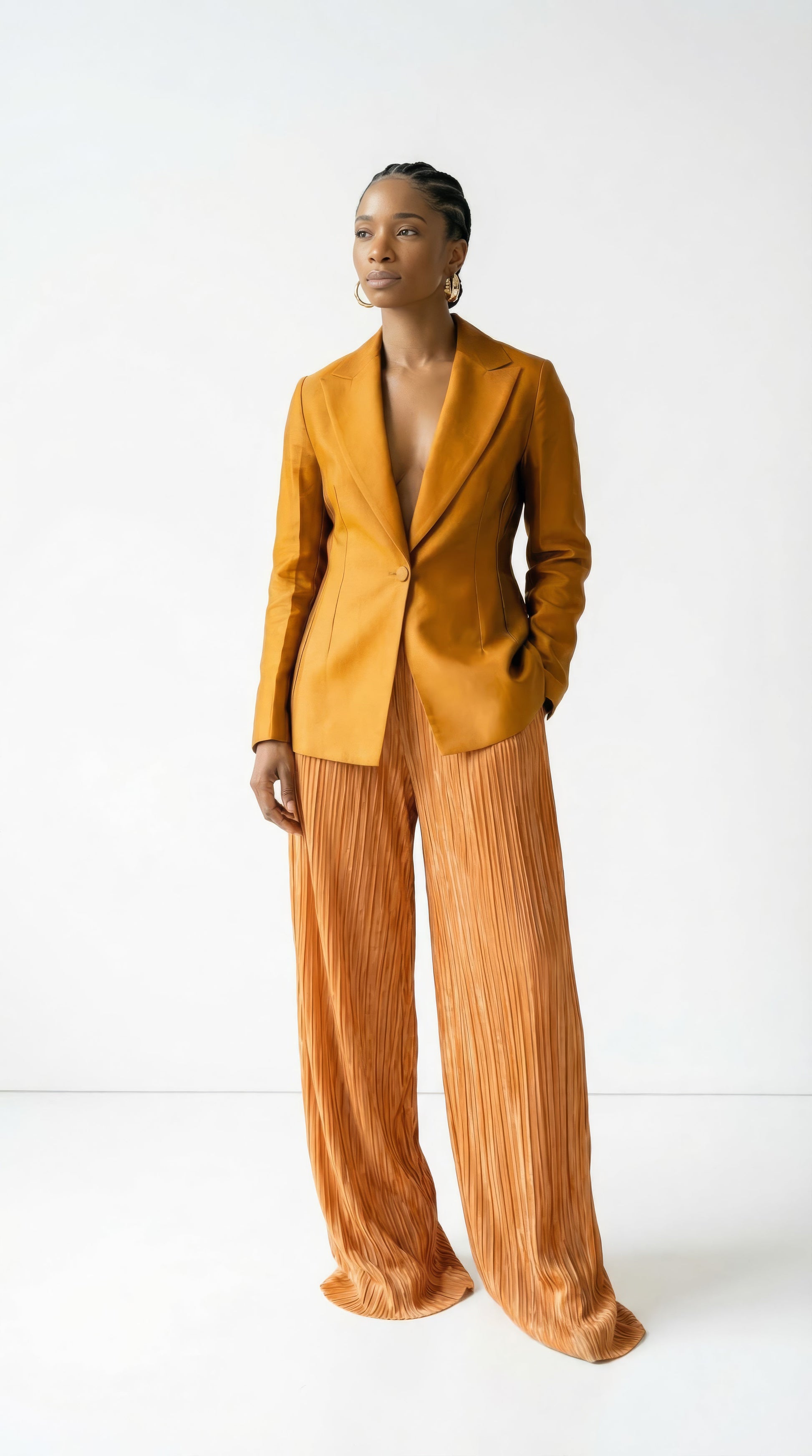 Nadia Set - Harvest gold Mikado Blazer and Burnt orange Plisse Pants