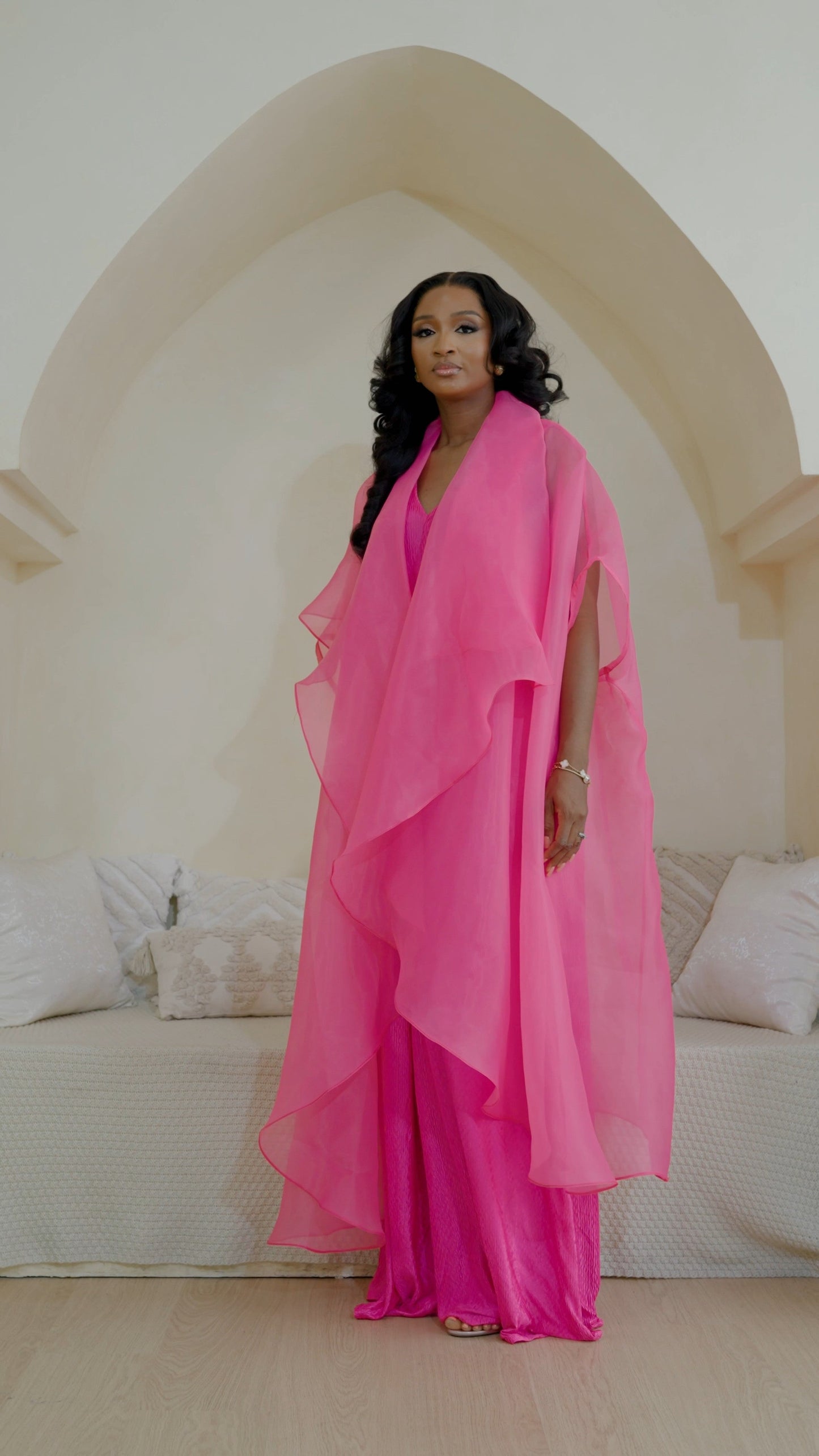 Saeeda Set in vibrant pink worn by a model.