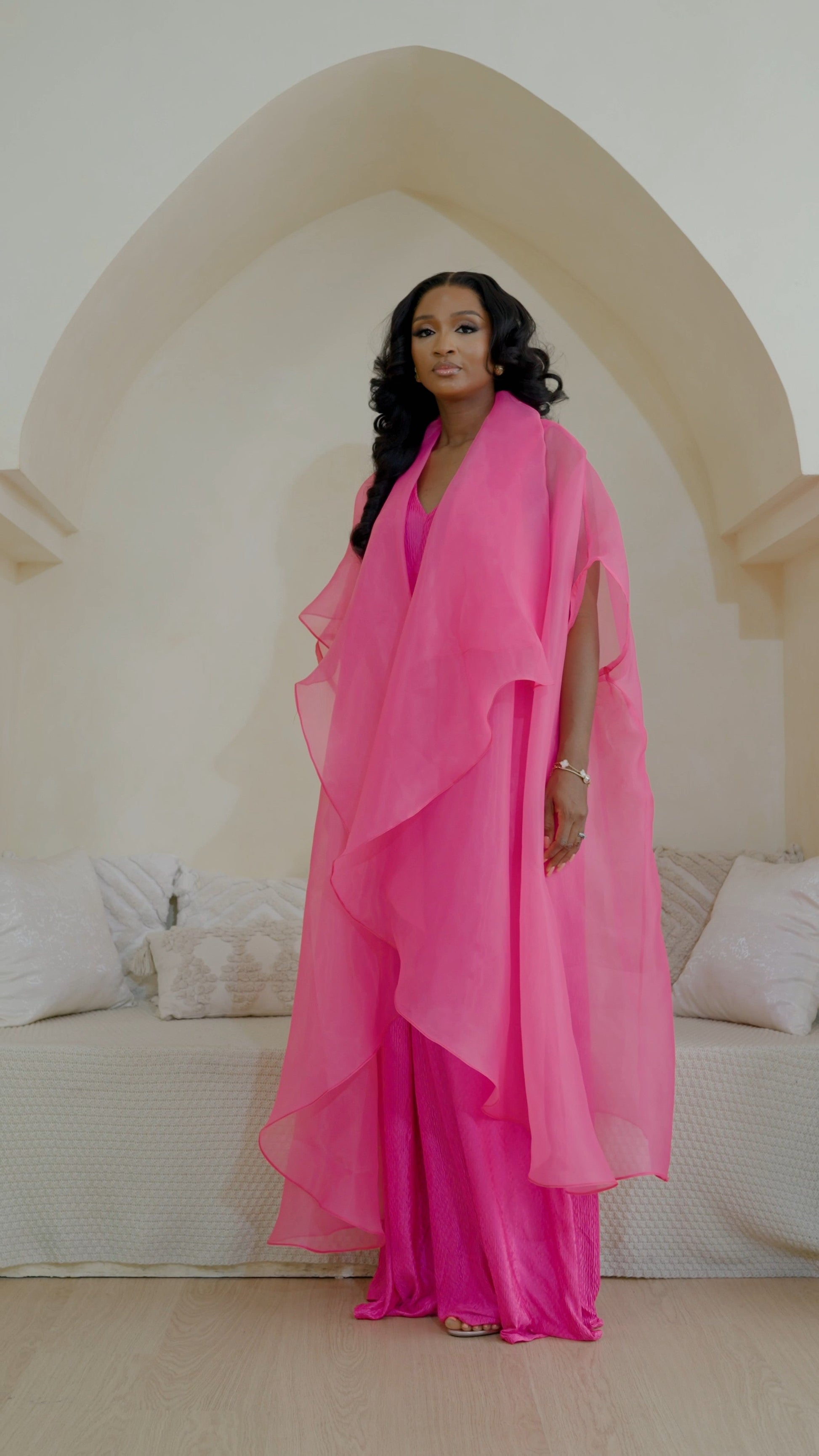 Saeeda Set in vibrant pink worn by a model.